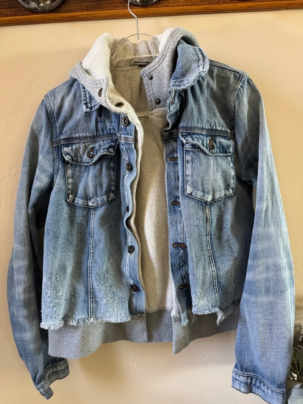 Free People Light Blue Distressed Denim Jacket with Heather Gray Hoodie - Picture 1 of 14